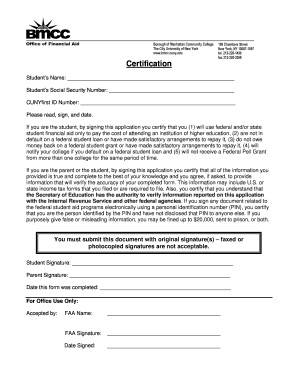 Student Financial Aid Certification Form