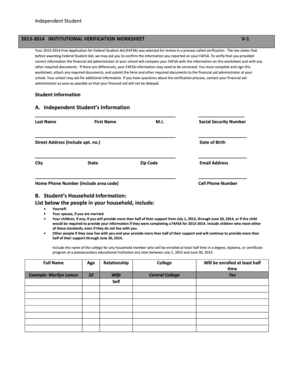 2013-2014 Independent Student Verification Worksheet