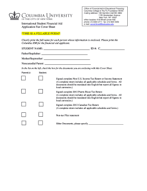 Columbia College Financial Aid Application Fax Cover Sheet