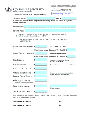 2012 Parent Tax Non-Filer Certification Form