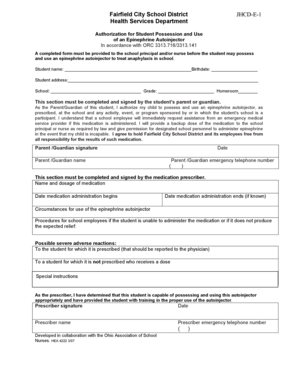 Authorization for Student Possession and Use of an Epinephrine Autoinjector