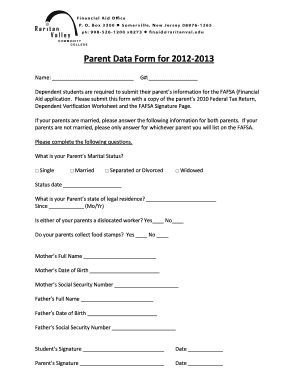 Parent Data Form for FAFSA