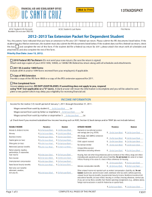 2012-2013 Tax Extension Packet for Dependent Student