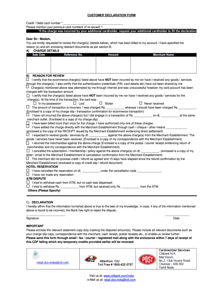 citibank customer declaration form Preview on Page 1