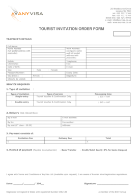 Tourist Invitation Order Form