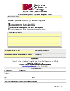 PURCHASING CARD PROGRAM Cardholder Special Approval Request Form