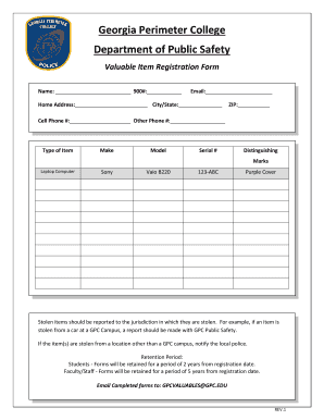 Georgia Perimeter College Valuable Item Registration Form