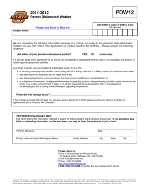 Parent Dislocated Worker Form 2011-2012