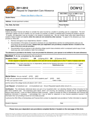 2011-2012 Request for Dependent Care Allowance