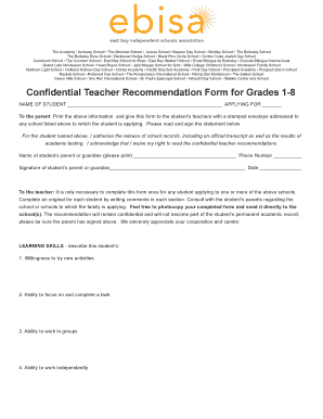 Confidential Teacher Recommendation Form for Grades 1-8