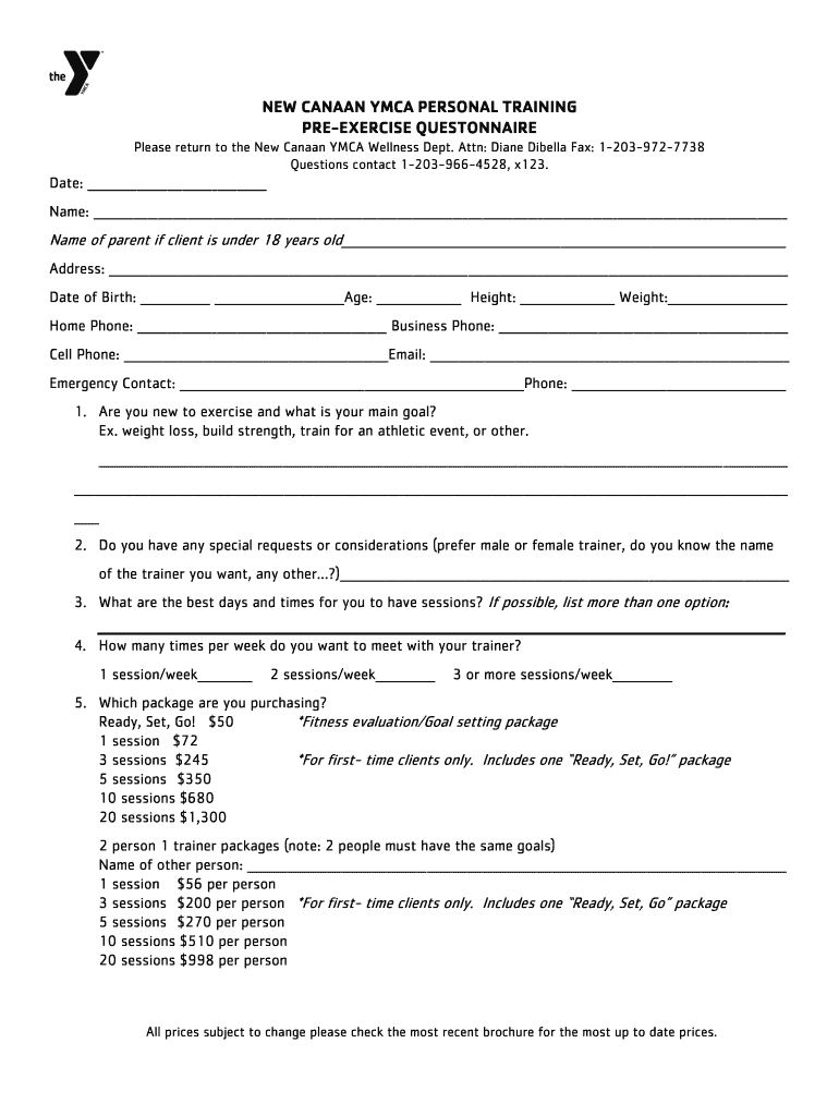 Fillable Online newcanaanymca PreExercise Questionnaire for Personal