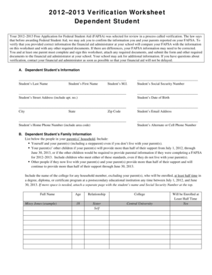 2012–2013 Verification Worksheet Dependent Student