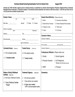 Kentucky Dental Screening Form for School Entry