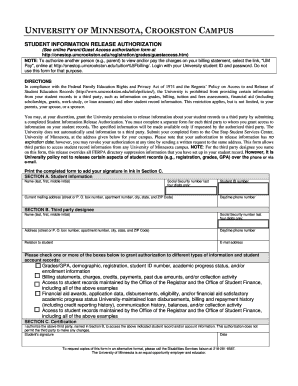 University of Minnesota Student Information Release Authorization