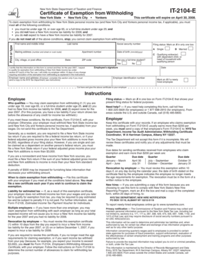 New York State Certificate of Exemption from Withholding IT-2104-E