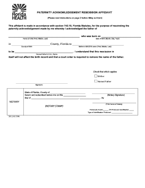 Paternity Acknowledgement Rescission Affidavit