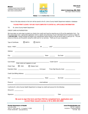 Florida Birth or Death Certificate Credit Card Authorization