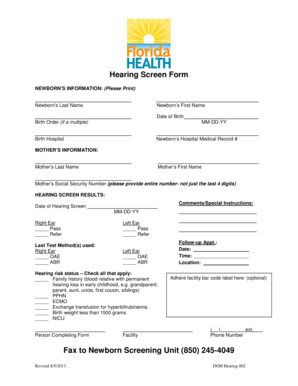 Newborn Hearing Screen Form