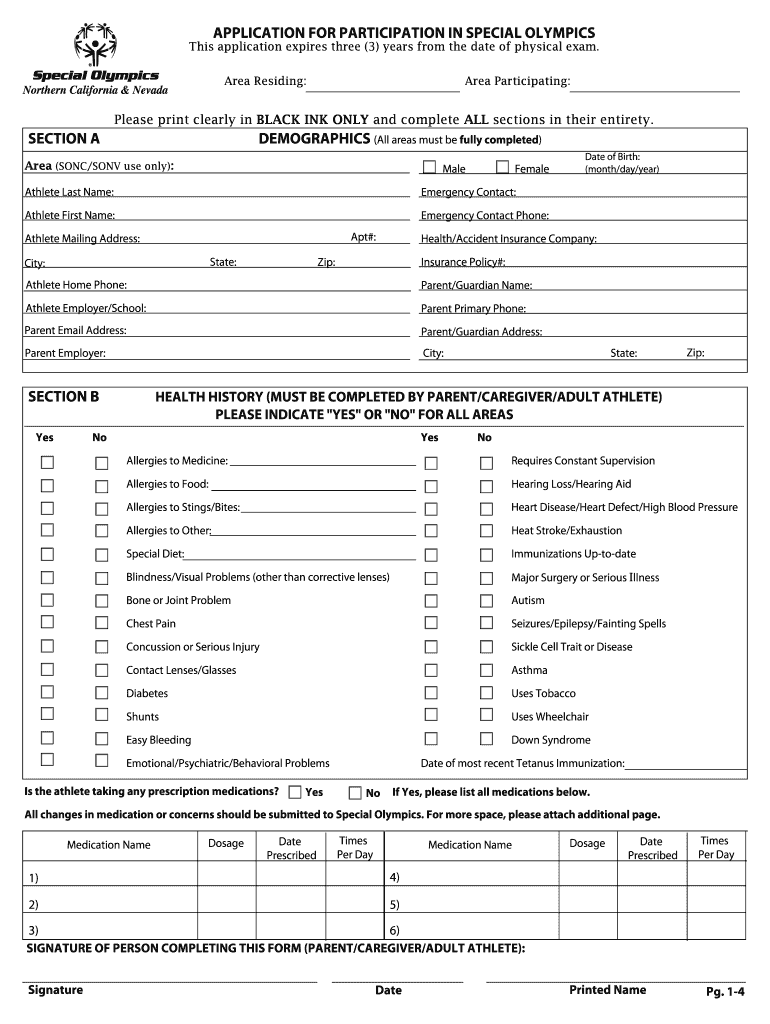 Fillable Online Athlete Application for Participation Special