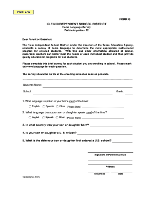 Klein Independent School District Home Language Survey