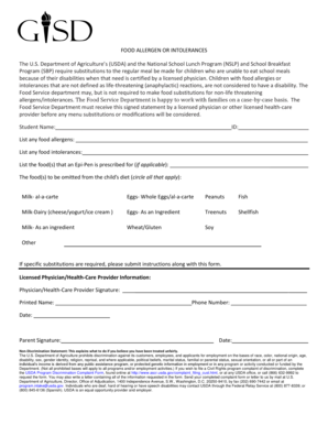 USDA Food Allergen Intolerance Form
