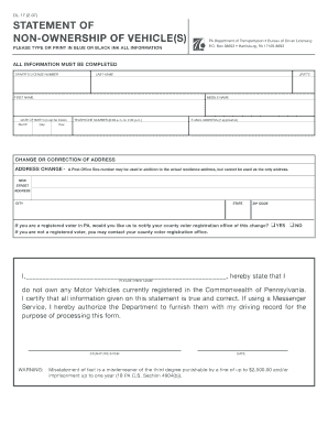 Pennsylvania Non-Ownership of Vehicle Statement