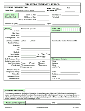 Student Registration Form for Charter/Community School