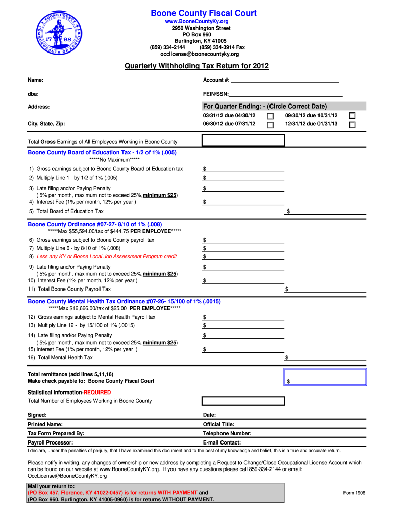 Quarterly Tax Return for 2012 - Boone County Kentucky - boonecountyky Preview on Page 1