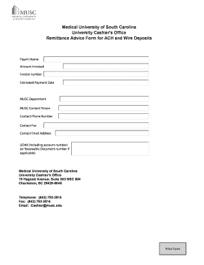 Remittance Advice Form for ACH and Wire Deposits