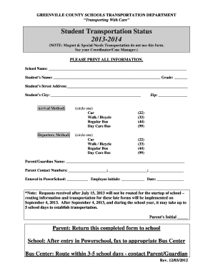 Student Transportation Status Form