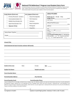 National PTA Reflections Program Local Student Entry Form