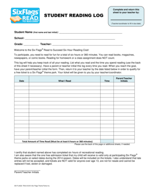 Six Flags Read to Succeed Student Reading Log