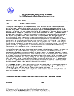 Notice of Assumption of Risk Waiver and Release