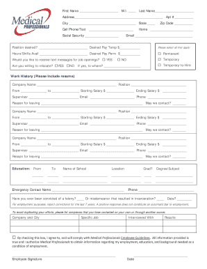 Medical Professionals Employment Application Form