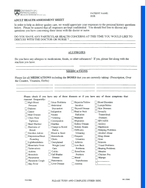 PennCare Adult Health Assessment Sheet