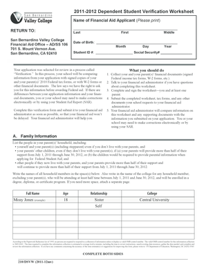2011-2012 Dependent Student Verification Worksheet