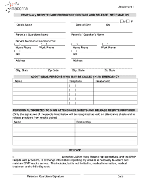 Navy Respite Care Emergency Contact and Release Form