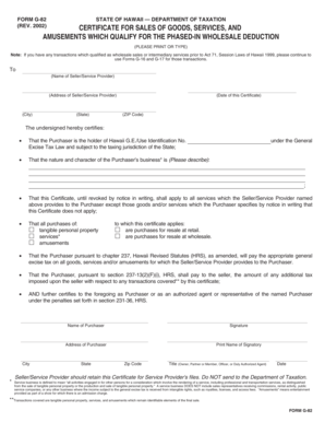 Hawaii Form G-82 Certificate for Sales of Goods, Services, and Amusements