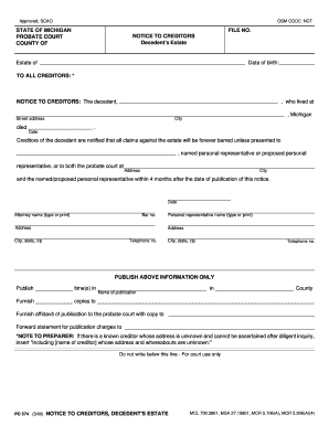 Michigan Probate Court Notice to Creditors
