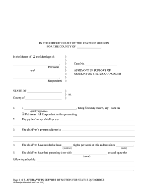 Affidavit in Support of Motion for Status Quo Order