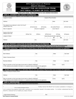 NYC Request for Execution from Small Claims or Civil Court