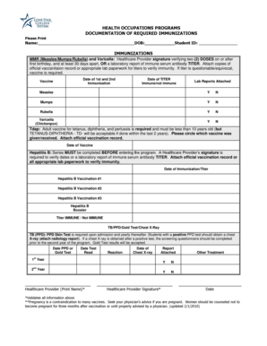 Health Occupations Immunization Form