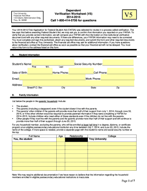 Troy University Verification Worksheet