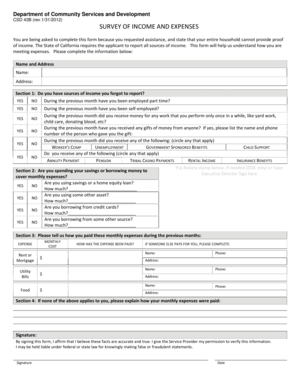 California Income and Expenses Survey Form
