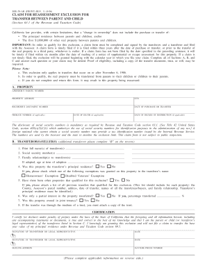 California Claim for Reassessment Exclusion for Parent-Child Transfer