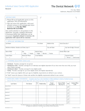 Maryland Individual Select Dental HMO Application