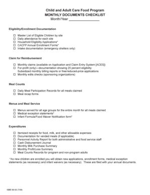 Child and Adult Care Food Program Monthly Checklist