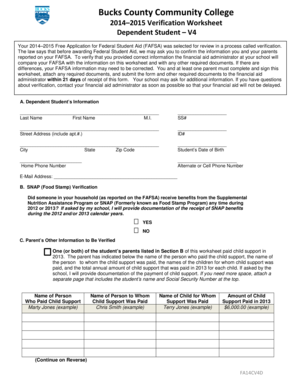 2014–2015 Verification Worksheet for Dependent Student
