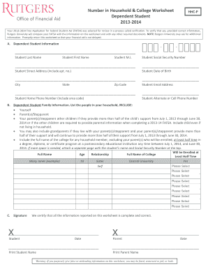 Number in Household & College Worksheet Dependent Student ... - studentaid rutgers