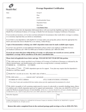 Overage Dependent Certification Form